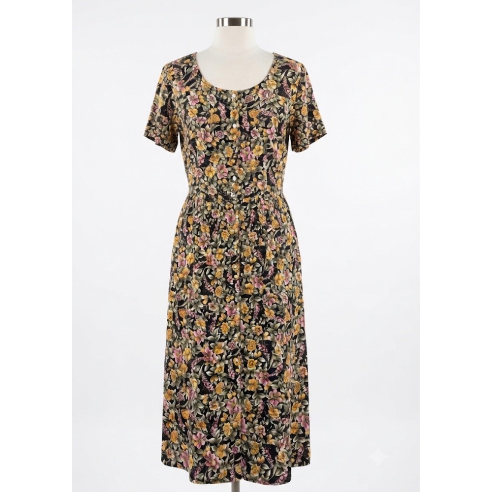 Notations Vintage Floral Maxi Dress Size L 100% Rayon Button Front Fall 90s